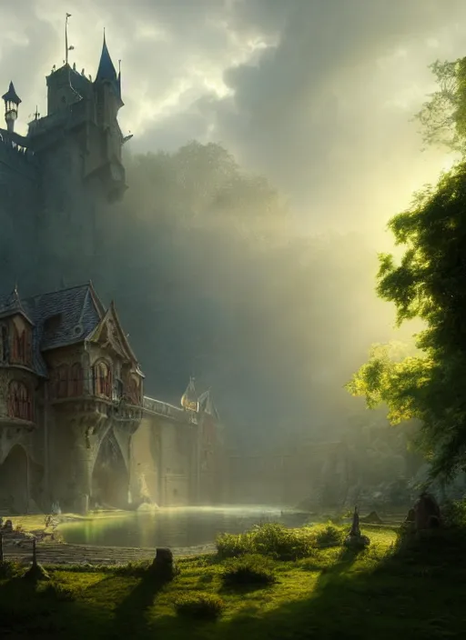 Prompt: beautiful medieval castle, mist, sunrays, dust in the air, dnd character, unreal engine, octane render, dramatic lighting, pond, digital art, by stanley artgerm lau, greg rutkowski, thomas kindkade, alphonse mucha, loish, norman rockwell,