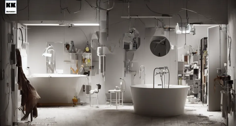 Prompt: IKEA catalogue photo of an epic cyberpunk bathroom, designed by Frank Gehry, Buckminster Fuller, Nikola Tesla, 8k, HD, realistic, cinematic