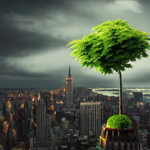 Prompt: huge marihuana plant rising above the city of new york, dark sky, kastuhiro otomo, matte painting, high detail, 4 k