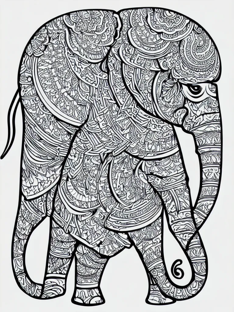 Prompt: elephant ornaments fractal ink drawing line art colouring page vector