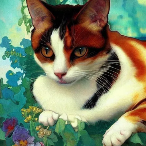 Prompt: painting of a calico cat!!!!!!, calico cat, animal, cat masterpiece, sakimichan!!!!!, Ross Tran, (((Alphonse Mucha)))