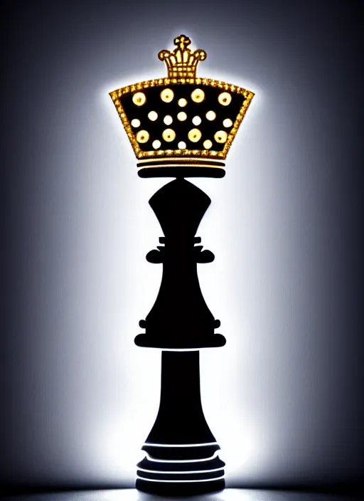 Image similar to queen chess piece photo, crown made of led point lights, pearlescent skin, skin made of led point lights, very detailed, highly detailed background, reflective chessboard, photorealism, sharp focus, photorealism, soft diffuse autumn lights, some sunlight ray, dark room wall, canon 5 d 5 0 mm lens