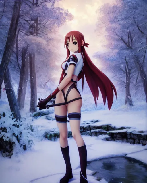 Image similar to photo of asuna from sao in winter location, asuna by a - 1 pictures, by greg rutkowski, gil elvgren, enoch bolles, glossy skin, pearlescent, anime, maxim magazine, very coherent, 3 d render, vray, maya