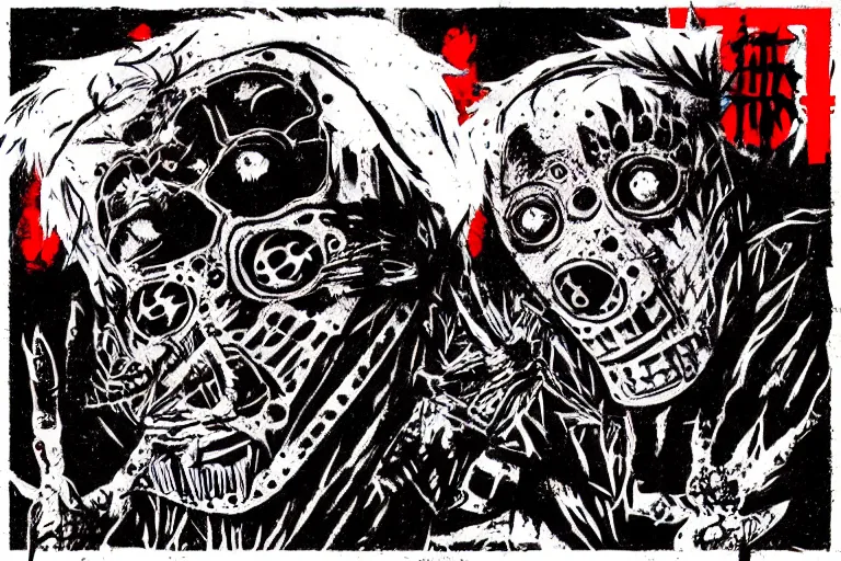 Prompt: slipknot in the style of dorohedoro, artstation, album cover