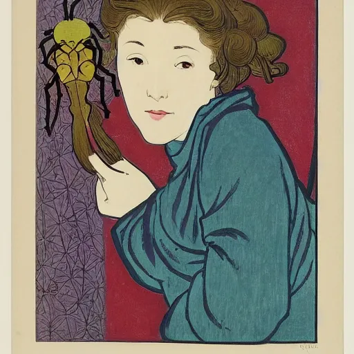 Image similar to a girl with a spider, colored woodcut, flat pastel colors, by Mackintosh, by Alfons Mucha, art noveau, by Hokusai