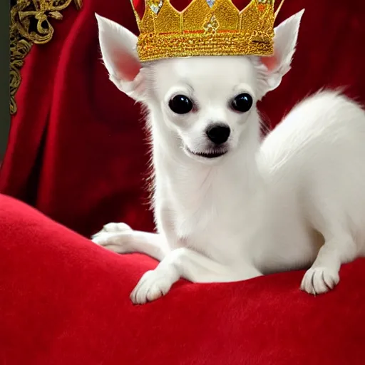 Image similar to long hair white chihuahua king wearing a red and gold crown cinematic composition, digital art, cute