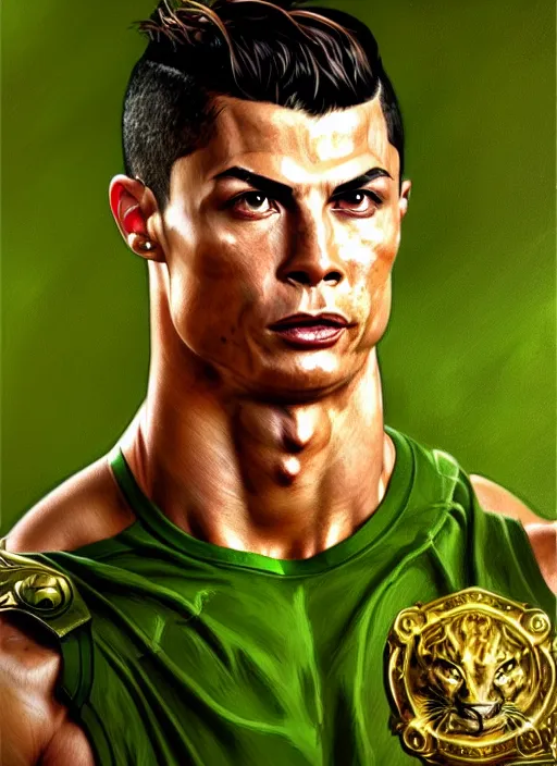 Image similar to portrait of aggressive furry cristiano ronaldo, d & d, muscular! green, fantasy, intricate, elegant, highly detailed, digital painting, artstation, concept art, smooth, sharp focus, illustration, art by artgerm and greg rutkowski and alphonse mucha