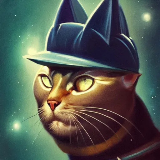 Image similar to a half robot cat wearing a hat medium shot, asymmetrical, profile picture, organic painting, nebula, matte painting, bold shapes, hard edges, street art, trending on artstation, by huang guangjian and gil elvgren and sachin teng