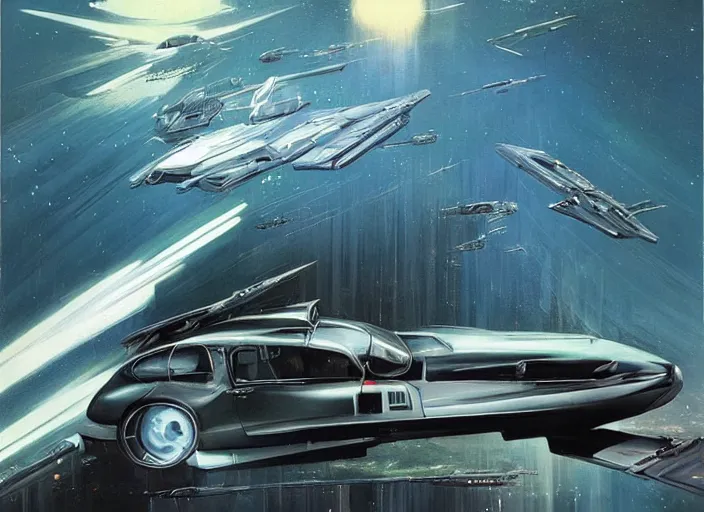 Prompt: ( ( ( ( ( jaguar e - type car, car concept art, sci - fi illustration, painting, in the style of star wars ) ) ) ) ) by vincent di fate and john berkey and star wars!!!!!!!