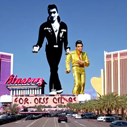 Image similar to Giant Elvis Presley towering over Las Vegas