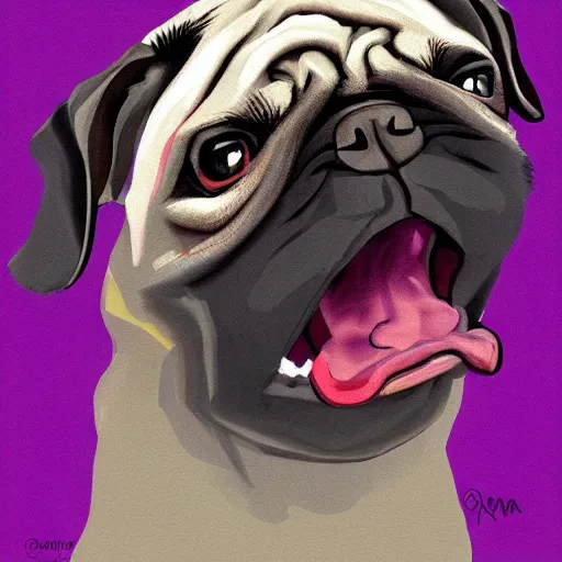 Prompt: vicious roaring pug by Milka Oxana, painterly, digital art. Trending on artstation, post processing, pen and ink work. sharp focus.