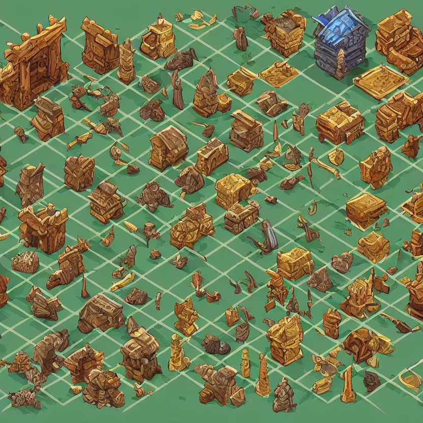 Image similar to set of isometric game tiles, containing a wizard's tower, enemies'hideouts and several resources, colored lineart from resource gathering game