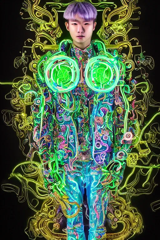 Image similar to full-body bladerunner neon baroque style sculpture of a young handsome Korean prince as a half cibernetic android with a chest opening exposing circuitry and electric sparks, glowing laser beam eyes, crown of giant neon diamonds, flowing neon green colored silk, fabric, raptors. baroque elements. full-length view. mechanical gear neon flowers. intricate artwork by caravaggio. black screen panel for a face. Trending on artstation, octane render, cinematic lighting from the right, hyper realism, octane render, 8k, depth of field, 3D