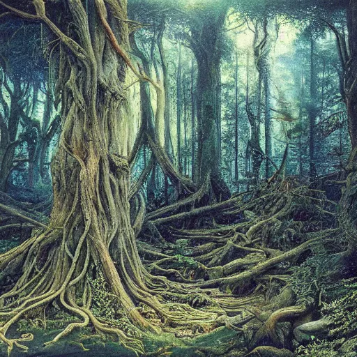 Prompt: a beautiful and highly detailed oil painting of an ancient forest, intricate details, epic scale, insanely complex, 8 k, sharp focus, hyperrealism, fantasy landscape, psychedelic, by caspar friedrich and brian froud,