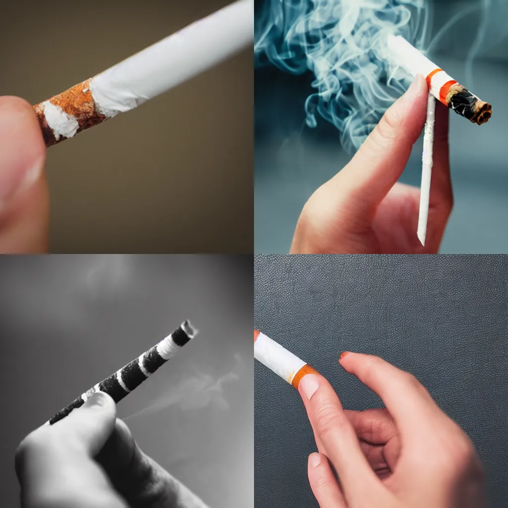 Prompt: Close-up of hand holding long cigarette with smoke, realistic photo, 4K