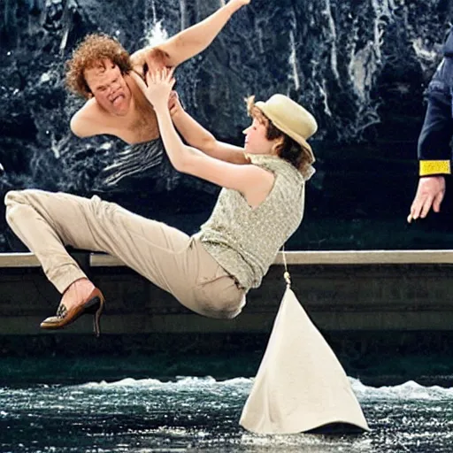 Image similar to a photograph of john c reilly throwing emma watson off of a bridge into a river