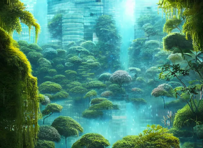Image similar to overgrown foliage overtaking many tall japanese buildings, underwater environment, borealis, scenery, professional, award - winning, trending on artstation, hyper detailed, realistic, beautiful, emotional, shiny, golden, picture