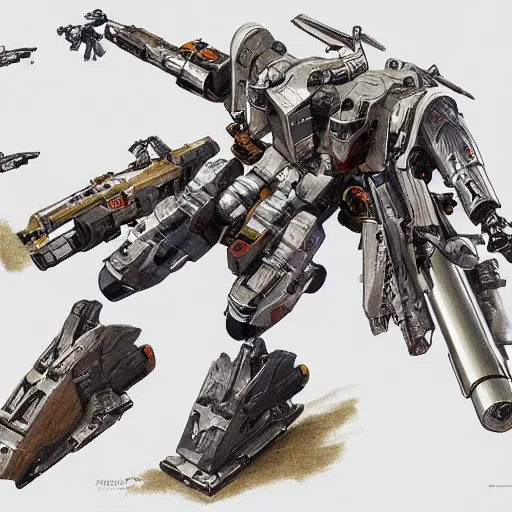 Image similar to ruger revolver redhawk 3 5 7 revolver mobile combat suit firearm rococo robot, smith wesson 6 8 6 mecha android, detailed illustration, concept art, smooth, sharp focus, by tasuku karasuma, gaston bussiere, katsuya terada, nc wyeth, bandai macross box art, canon eos