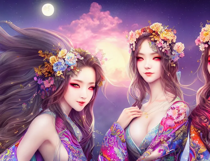 Image similar to two beautiful alluring siberian girls wear fantasy kimono in festival | | sunny night, full moon, dreamlike art, realistic shaded, smile, good looking, hyper details, 4 k realistic, cryengine, realistic shaded lighting poster by artgerm, ross tran, fuji choko, 8 k resolution, trending on artstation, luxury