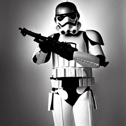 Prompt: A full shot, black & white studio photographic portrait of an imperial stormtrooper, in the style of The falling soldier, by Robert Capa, dramatic backlighting, 1973 photo from the Times Magazine