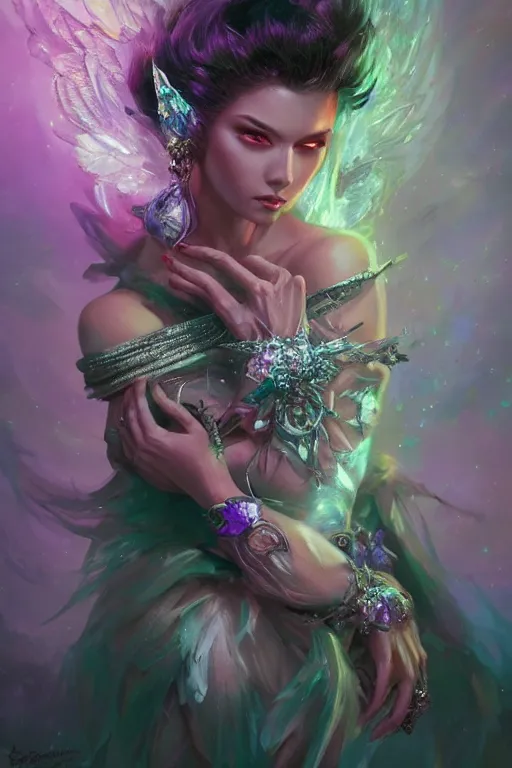 Image similar to beautifulmodel face covered with diamonds wearing crystals, diamonds, angel, fantasy, dramatic lighting, highly detailed, digital painting, magic the gathering, purple background storm, hyper detailed, 3 d render, hyper realistic detailed portrait, peter mohrbacher, wlop, ruan jia