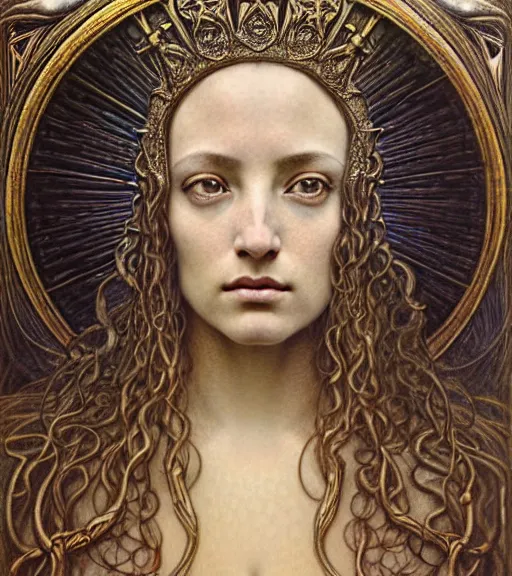 Image similar to detailed realistic beautiful young medieval queen of atlantis face portrait by jean delville, gustave dore and marco mazzoni, art nouveau, symbolist, visionary, gothic, pre - raphaelite. horizontal symmetry by zdzisław beksinski, iris van herpen, raymond swanland and alphonse mucha. highly detailed, hyper - real, beautiful
