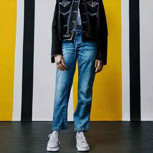 Image similar to realistic photo for a new sacai emil lookbook color film photography portrait of a beautiful woman model, model wears a black paneled denim jacket, photo in style of tyler mitchell