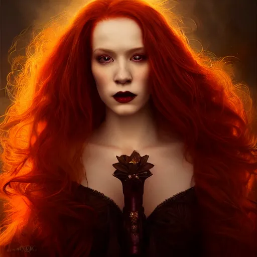 Image similar to majestic gracious regal aristocratic female red haired vampire portrait, atmospheric lighting, painted, seductive, menacing, intricate, volumetric lighting, beautiful, rich deep colours masterpiece, golden hour, sharp focus, ultra detailed, by leesha hannigan, ross tran, thierry doizon, kai carpenter, ignacio fernandez rios