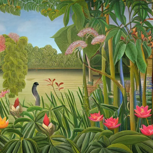 Image similar to hd photo of a fresco in naive art style by henri rousseau with birds and flowers and lotuses, highly detailed, unreal engine, photorealism