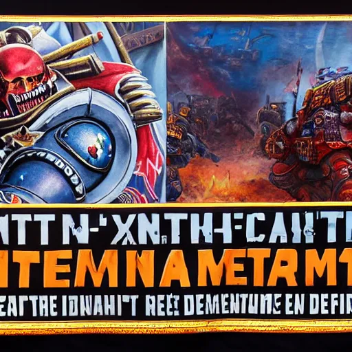 Image similar to anti - communist propaganda banner painting a space marine from warhammer 4 0 k fighting xenos written'defend the imperium'on the top, written'from xeno menace'on the bottom, warhammer 4 0 k, anti - communist banner, hightly detailed, digital art, illustration