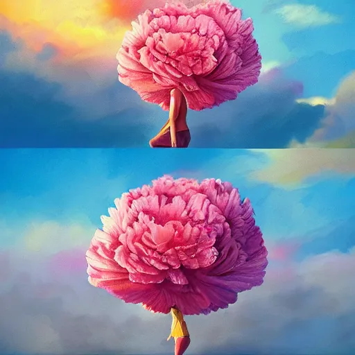 Image similar to giant carnation flower as a head, girl hiking in a canyon, surreal photography, sunrise, dramatic light, impressionist painting, colorful clouds, digital painting, artstation, simon stalenhag