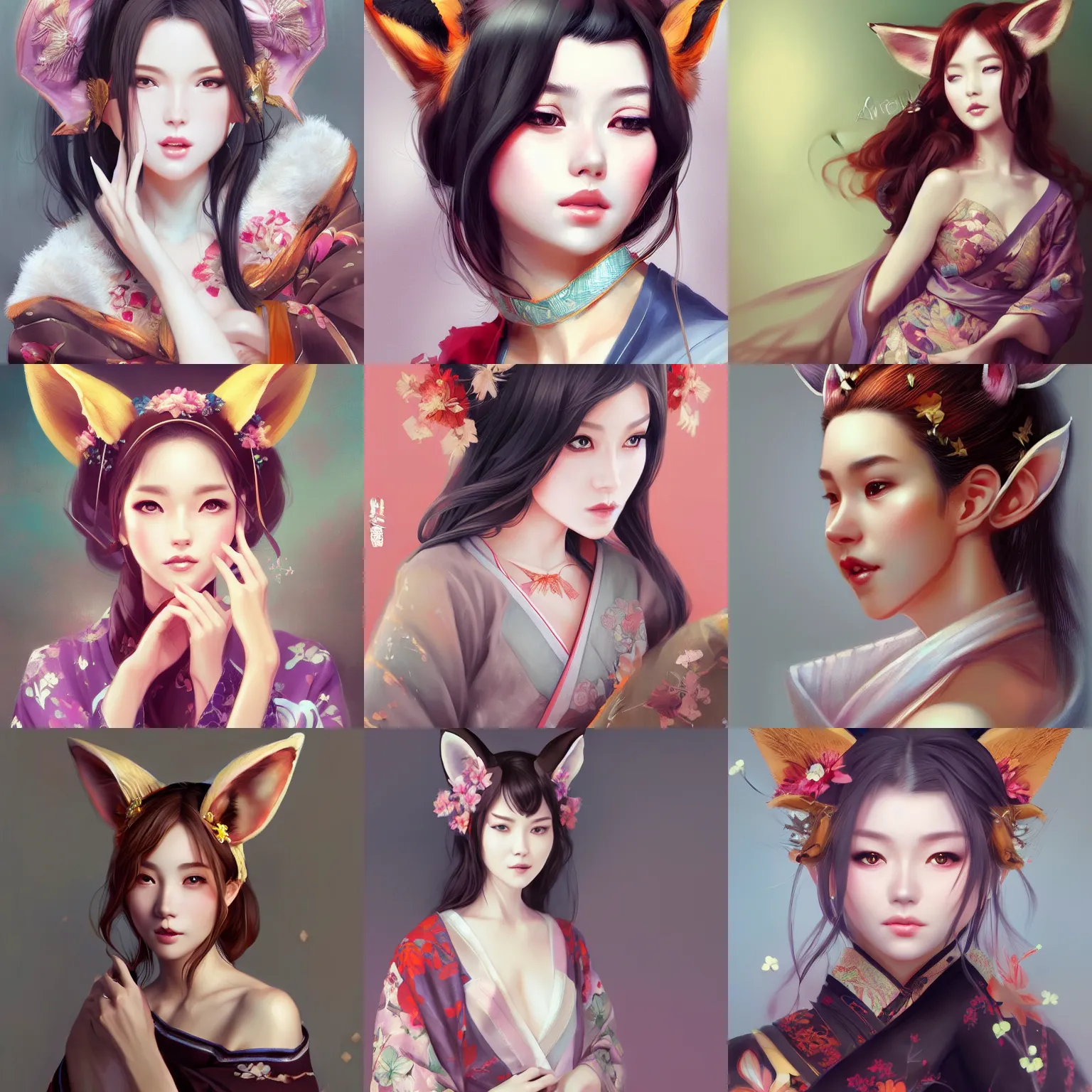 Prompt: A potrait of a beautiful woman with fox ears wearing a kimono, digital painting, by Stanley Artgerm Lau, WLOP, Rossdraws, LeraPi, and Sakimichan, digtial painting, trending on ArtStation, deviantart, SFW version