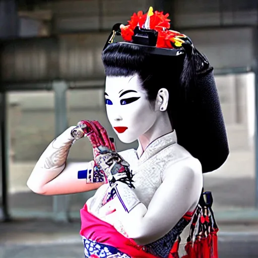 Prompt: cyborg geisha traveling to the future