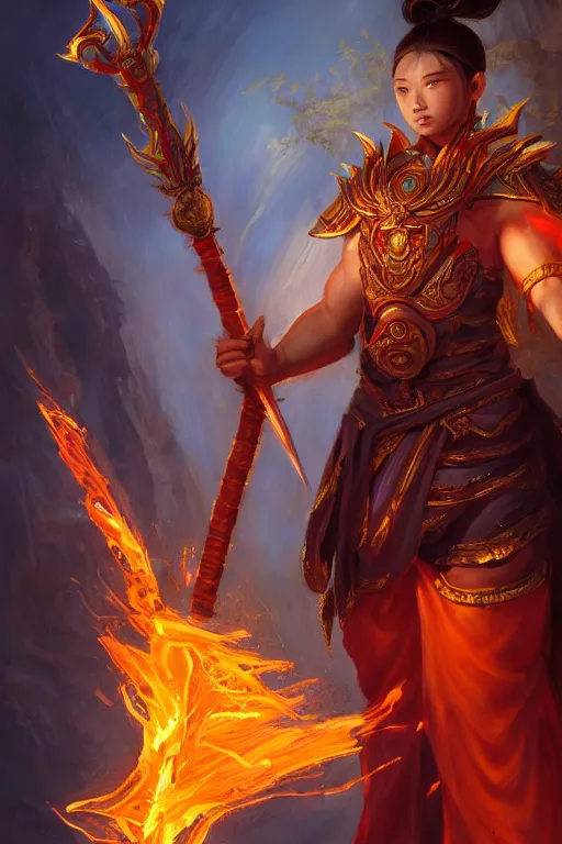 Image similar to a masterpiece portrait of nezha, legendary god holding spear, boy, flame everywhere, epic pose, fantasy character portrait, closeup shot, hyper detailed, digital painting, 8 k realistic, trending on artstation, sharp focus, dof, by fenghua zhong, artgerm, ne zha from smite, jeff easley, raymond swanland