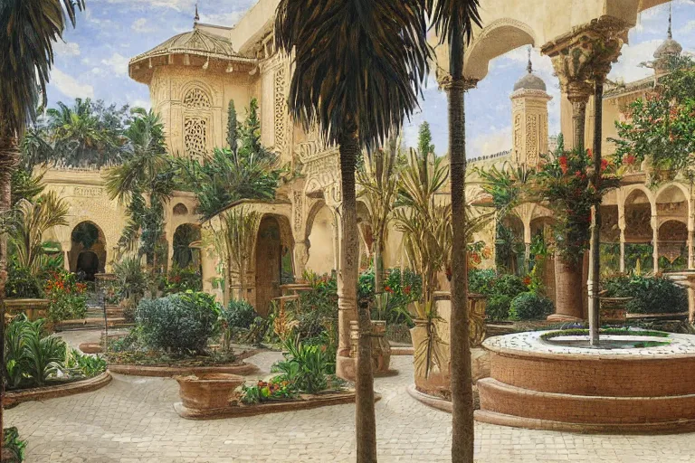 Image similar to painting of a beautiful moorish palace courtyard garden, by ludwig deutsch, patterned tilework, palm trees, tiled fountains, extremely detailed, dramatic lighting, smooth sharp focus