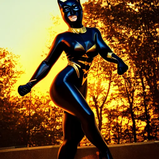 Image similar to Kyrsten Ritter as Cat Woman, Golden Hour, Photorealistic