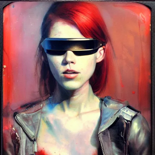 Prompt: damaged polaroid, red haired female, cyberpunk, wearing futuristic goggles, leather jacket, cyborg! photorealistic, hyper real, 8 k, high details, detailed painting! dramatic lighting, by ilya repin, phil hale and kent williams, wires cybernetic implants, machine noir grimcore in cyberspace photoreal, atmospheric by jeremy mann and agnes cecile,