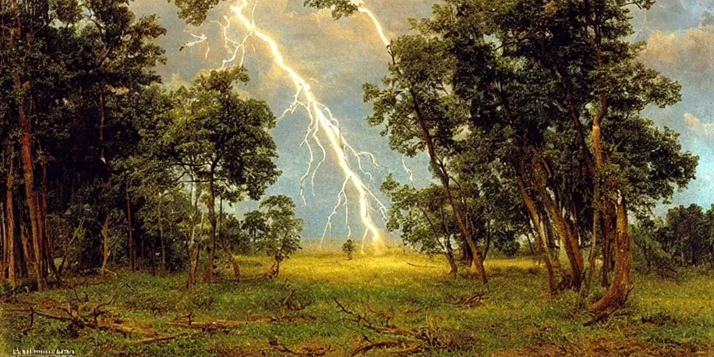 Image similar to lightning strikes a tree in the middle of a field, painting By Ivan Shishkin,