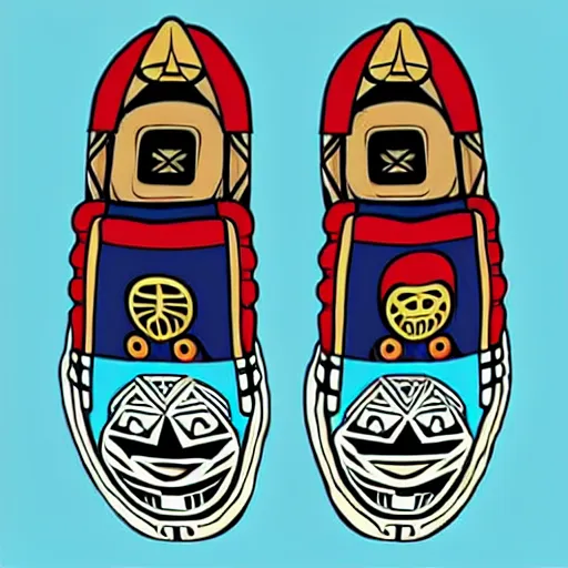 Image similar to sneaker design designed by studio ghibli, aztec mayan street fashion native punk sneaker design, majora's mask, wearing wooden mask, hip hop sneaker design with subtle mayan patterns, gapmoe yandere grimdark, trending on pixiv fanbox, painted by greg rutkowski makoto shinkai takashi takeuchi studio ghibli, akihiko yoshida