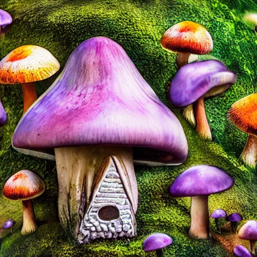 Image similar to Mushroom house, fairy, magical, mystical, psychedelic, realism, realistic, macrophotography, aerial veiw, 4k