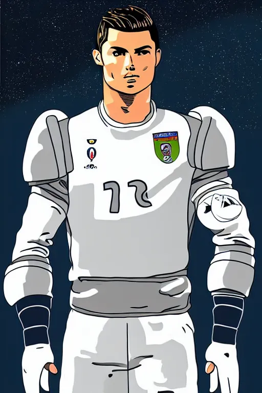 Image similar to portrait of cristiano ronaldo with astronaut armor and helmet, majestic, solemn, by ghibli style