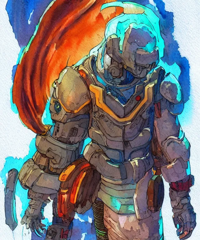 Image similar to a watercolor painting full body character portrait of a cyborg super saiyan warrior / soldier in the style of moebius in the style of cyberpunk trending on artstation deviantart pinterest detailed realistic hd 8 k high resolution