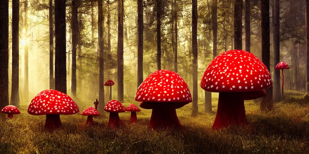 Image similar to Photo by Filip Hodas of the cinematic view of the Forest of the Giants, various giant mushrooms, some little mushrooms on the floor, A very big red mushroom with white spots, photorealism, a few sun ray of lights falling with dust, photo taken with canon 5D