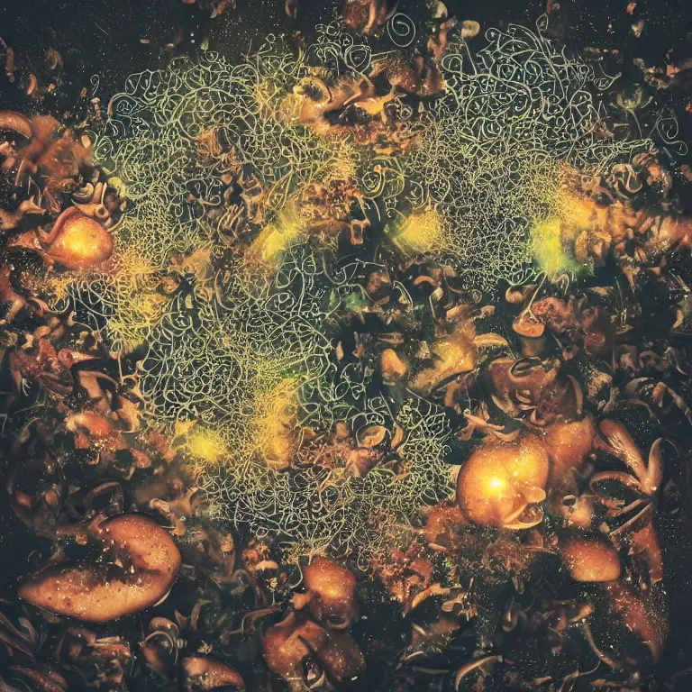 Image similar to double exposure of dally life, symbols of live, explosion, different sprouts and microgreens on mushrooms, cyber mushroom city, mushroom matrix, love is the most relevant theme, 8 k resolution, artistic mode, artistic, trending on instagram, long exposure, love art, serious, fantasy and dreams vibes, mushrooms style and macro style, spring vibes in twilight or sunset lights