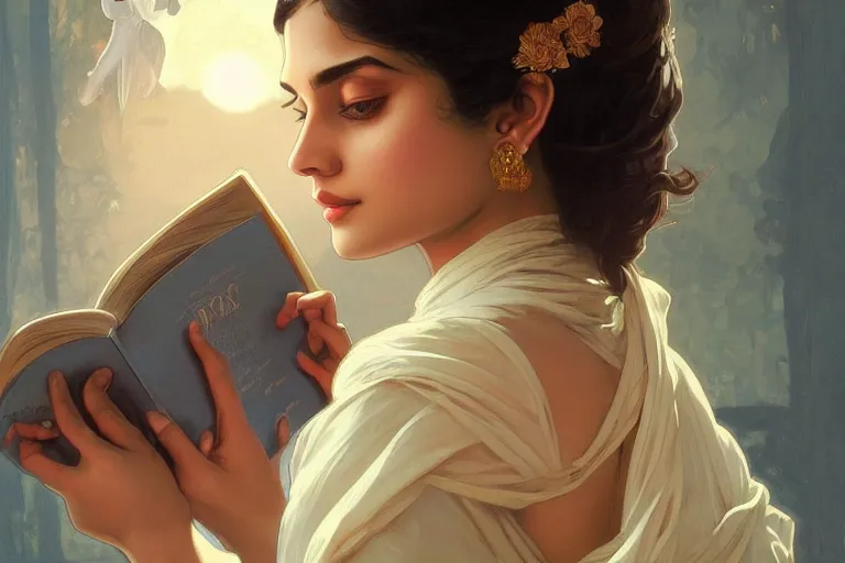 Image similar to sensual good looking pale young bengali girl with soulful eyes reading a novel, portrait, elegant, intricate, digital painting, artstation, concept art, smooth, sharp focus, illustration, art by artgerm and greg rutkowski and alphonse mucha