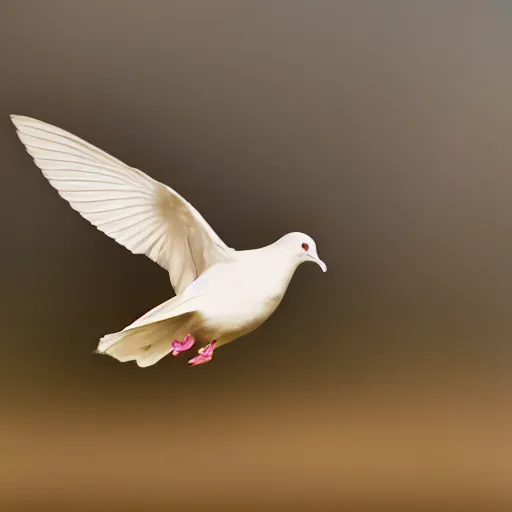 Image similar to a realistic photo of a white dove flying away from the camera in an ethereal cloudscape, high contrast, 8k, film grain, highly detailed, professional photography