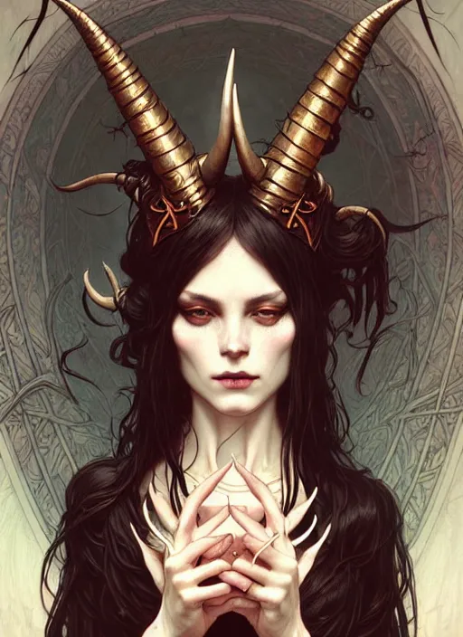 Image similar to a beautiful illustration of a satanic witch with horns in head, intricate, sharp focus, illustration, highly detailed, digital painting, concept art, matte, art by WLOP and Artgerm and Greg Rutkowski and Alphonse Mucha, masterpiece