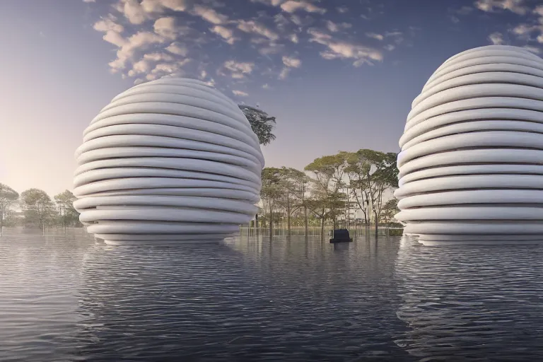 Prompt: a building composed of many white spherical egg shaped circular spaces stacked up and down. on the calm lake, people's perspective modern curved architecture, future, wood, marble, metal award winning, highly detailed 4 k art, dusk, unreal engine highly rendered, global illumination, radial light, internal environment by kazuyo sejima