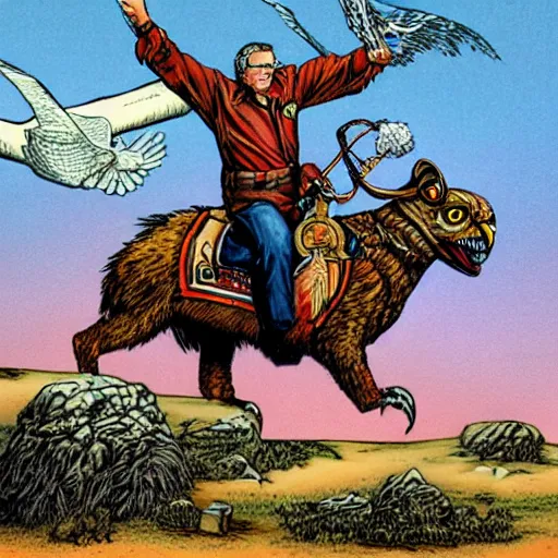 Prompt: Jeb Bush riding an owl, painted by Larry Elmore