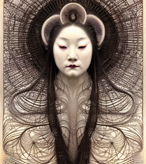 Image similar to detailed realistic beautiful geisha face portrait by jean delville, gustave dore, iris van herpen and marco mazzoni, art forms of nature by ernst haeckel, art nouveau, symbolist, visionary, gothic, neo - gothic, pre - raphaelite, fractal lace, intricate alien botanicals, ai biodiversity, surreality, hyperdetailed ultrasharp octane render